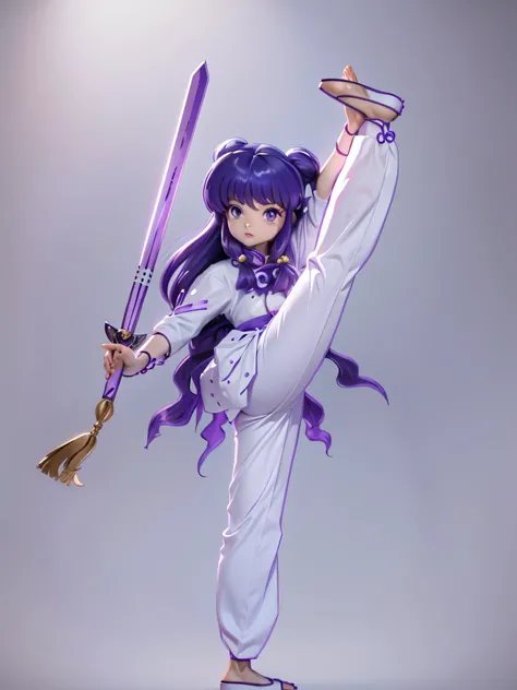 Garota anime guerreira de cabelo purple com kimono e espartilho, White pants, 16 anos, corpo bonito, seios grandes, segurando uma espada , pose de combate, Garota sexy, purple hair, mechas de cabelo laterais, mechas de cabelo na lateral do rosto, beautiful...