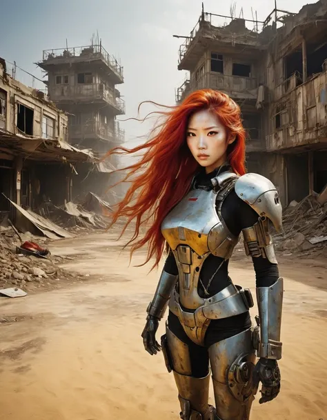 Post-apocalyptic wasteland，（A very beautiful and powerful heroine in the doomsday world），Mecha Clothing，Extra long red hair，Beautiful Asian face，, mechanical, Glass mask passes light through, Delicate skin texture, Determined gaze，It&#39;s the scorching su...