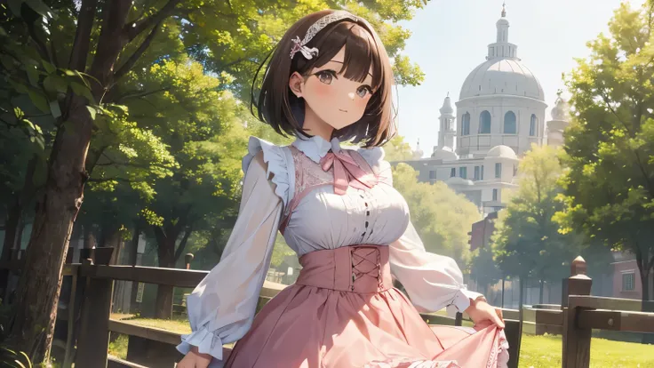 A blouse with lots of ruffles and lace　A pink skirt with lots of ruffles and lace　Panniers　Beauty　Brown bob with hair ornament　Upper Body　Big Breasts
