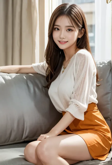 (masterpiece, best quality:1.1), (8k, raw photo, photo realistic:1.2, f22), (shiny skin), detailed skin,long hair,detailed face, detailed eyes, smile,BREAK, real world, intricate details, smil, BREAK, 1girl, (blouse,orange,skirt), BREAK, (sofa:1.4), BREAK