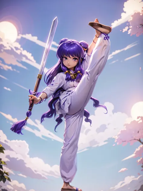 garota anime guerreira de cabelo purple com kimono e espartilho, white pants, 16 anos, corpo bonito, seios grandes, segurando um...