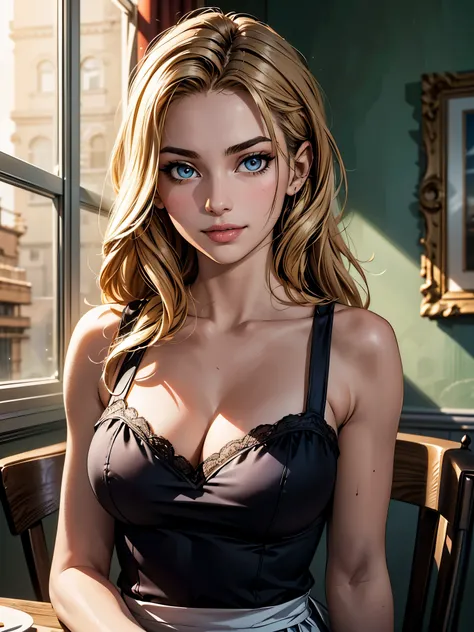 (​masterpiece), (top-quality), sunset, natural lights, ,(realistic:1.5), 1girl, long blonde hair, athletic, looking at viewer, eye contact, stunningly beautiful 20 years old mexican girl as a maid, maid unifrom, detailed modern day dining room in backgroun...