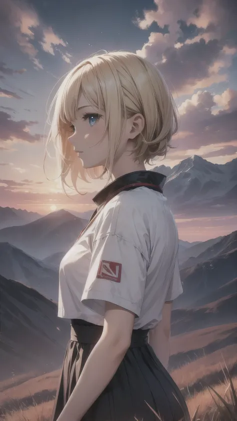 outside the red sky,A girl standing alone on a huge empty glass land,ruin,there is nobody in the huge grassland,A woman in her 20s with short blonde hair,(woman close up)