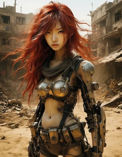 Post-apocalyptic wasteland，（A very beautiful and powerful heroine in the doomsday world），Mecha Clothing，Extra long red hair，Beautiful Asian face，, mechanical, Glass mask passes light through, Delicate skin texture, Determined gaze，It&#39;s the scorching su...