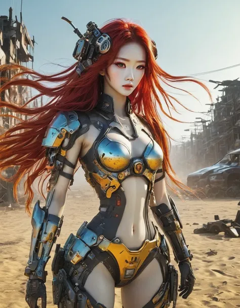 Post-apocalyptic wasteland，（A very beautiful and powerful heroine in the doomsday world），Mecha Clothing，Extra long red hair，Beautiful Asian face，, mechanical, Glass mask passes light through, Delicate skin texture, Determined gaze，It&#39;s the scorching su...