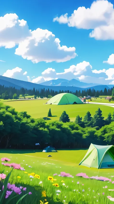 Vision，Blue sky，cloud，There are camping tents in the distance in the large grass,Camping supplies,Surrounded by flowers,Green grass,Cute cartoon design style,Fantastic visuals,Soft Sculpture,webcam,Capture the moment，There are flowers in the foreground，