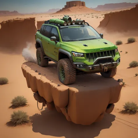 a green car in the desert,dusk,crazy max fury road style,fury road,science fiction cars,trophy trucks,8k revelation,crazy max co...