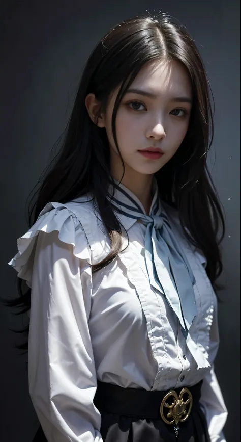 (surrealist woman portrait、1.6)、(Dark Fantasy Art:1.6)、David Hockney and Alphonse Muchas style、Stunning realism、Dynamic lighting、4K resolution、Highly detailed facial features、Award-winning、Cowboy Shot、(Official uniforms:1.4)、long, gray hair、Deep Shadow。 In...