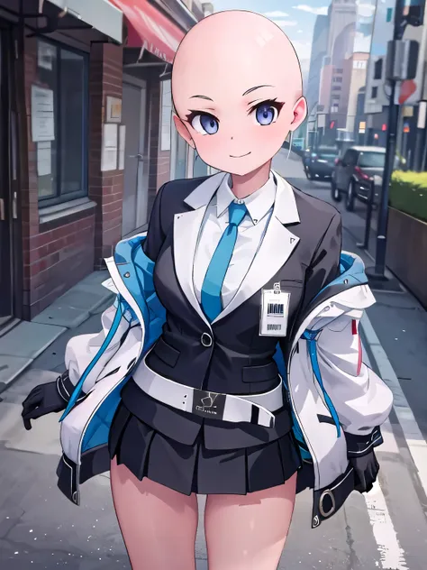 masterpiece, hd, 2d, 1girl, yuuka \(blue archive\),bald heads, bald, no hair, (bald:1.5), solo, blue necktie, two-sided coat, ha...