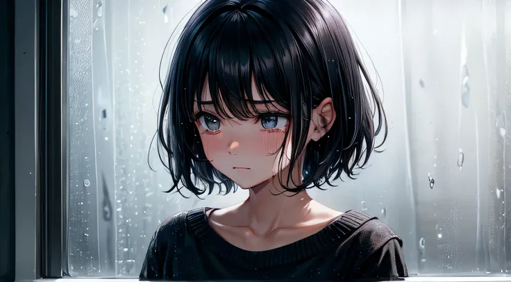 Sad expression　Crying face　night　woman　Black Hair　short hair　Inside the room　Rain outside the window