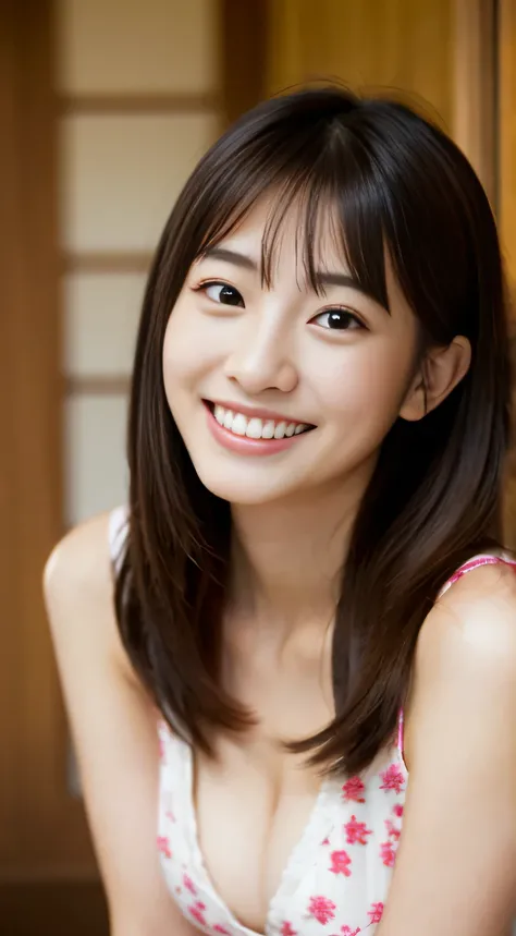 masterpiece,best quality,(Japanese ),((Beautiful girl)),cleavage,indoor,(perfect body beauty:1.2),(shy smile),beautiful teeth,