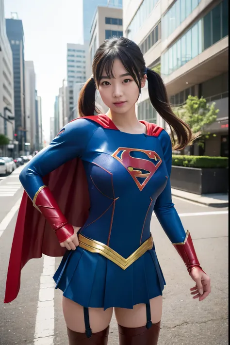 Adorable, Japanese Girls, 17 years old, (Supergirl Costume:1.2),Twin tails、Long Hair、debtっくらとした太もも, Big Breasts、Chirarizum、Thin Belly、Abdominal muscles、smile、garter belt、Dynamic pose、The background is a city lined with skyscrapers、I see the blue sky、(非常にbe...