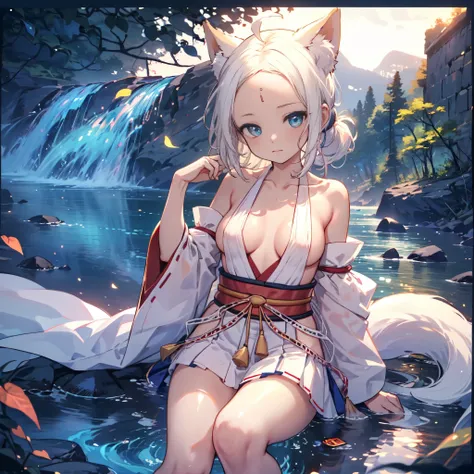 (1girl, white hair, ponytail, long hair, blue eyes, ahoge, baby face, beautiful eyes, droopy eyes, loraeyes, fox ear), (no bangs, forehead, show forehead:1.5) , BREAK ,(small breast, beautiful breasts, rounded breasts, white and red clothes, japanese cloth...