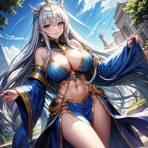 Whitening　Gray Hair　Long Hair　blue eyes　smile　tiara　green egyptian costume　beauty　sexy　Big Breasts　mature　whole　Mysterious　charm　Charming　pyramid　valley key　Beautiful breasts　fortune teller　　