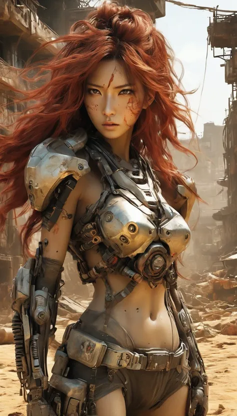 UHD, masterpiece, textured skin, high details, high quality, award winning, best quality, highres, 16k， Post-apocalyptic wasteland，（A very beautiful and powerful heroine in the doomsday world），Mecha Clothing，Extra long red hair，Beautiful Asian face，, mecha...