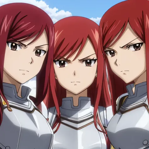 (3girls, trio, triplets, clones), erza scarlet, fairy tail, red hair, brown eyes, long hair, looking at viewer, serious, close-up, closed mouth, sidelocks, armor, upper body,