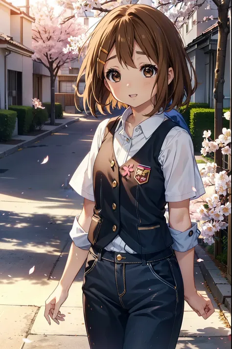 yuihirasawa, Yui Hirasawa, short hair, brown hair, hair ornaments, (Brown eyes:1.5), happy smile, smile, Open your mouth,Hair Clip,Oversized vest waistcoat clothing　The front is open,Tank top shirt,skinny pants,Stiletto heels,Cherry blossoms are blooming,C...