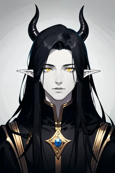 there is a drawing of a male tiefling with long black hair, dnd portrait of a tiefling,  red skin,  handsome,  portrait of a dnd character, colored lineart,  detailed high quality masterpiece, yellow eyes, straight vertical and tall black horns