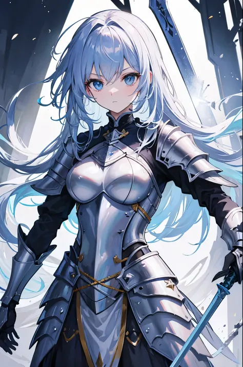 A female knight in shiny metallic armor holds a sword in her hand.