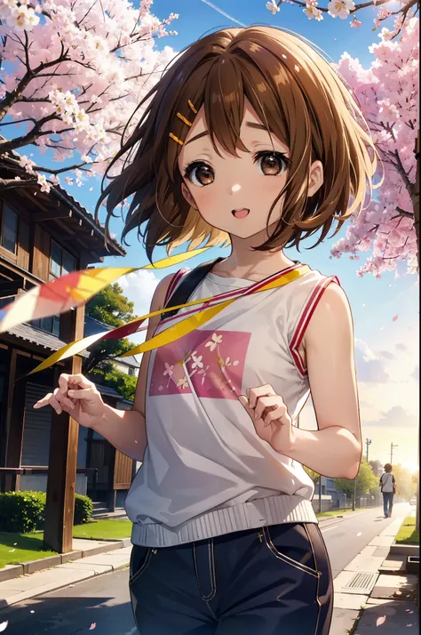 yuihirasawa, Yui Hirasawa, short hair, brown hair, hair ornaments, (Brown eyes:1.5), happy smile, smile, Open your mouth,Hair Clip,Oversized vest　The front is open,Tank top shirt,skinny pants,Stiletto heels,Cherry blossoms are blooming,Cherry blossoms are ...