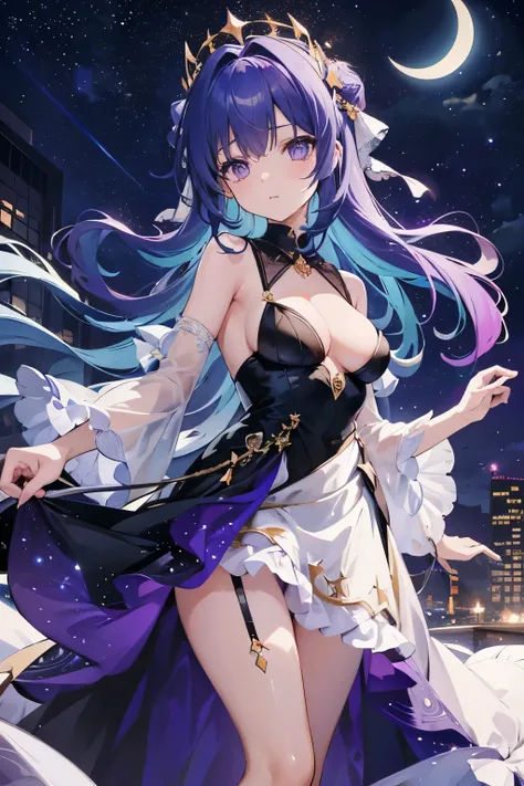 1girl with aurora-colored hair, admiring the breathtaking view of city lights and constellations in the night sky. She wears a dress that shimmers under the moonlight, revealing ample cleavage and a hint of the galaxies printed on the fabric. Her long, wav...