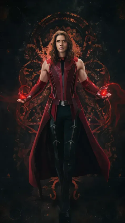 Male version of scarlet witch, A man in red and black suit, using magic, short hair, muscular, marvel, photo real, high quality, detailed