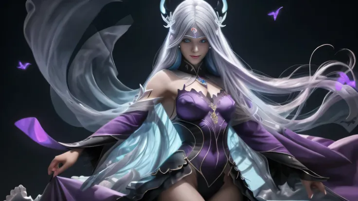 here is a full size siluette, transparent figure of the naked dark shadow ghost of a beautiful silver hair women with purple shining eyes and beautiful face dressed only in thin vail stand in the middle of the fields filled with purple poppies inviting som...