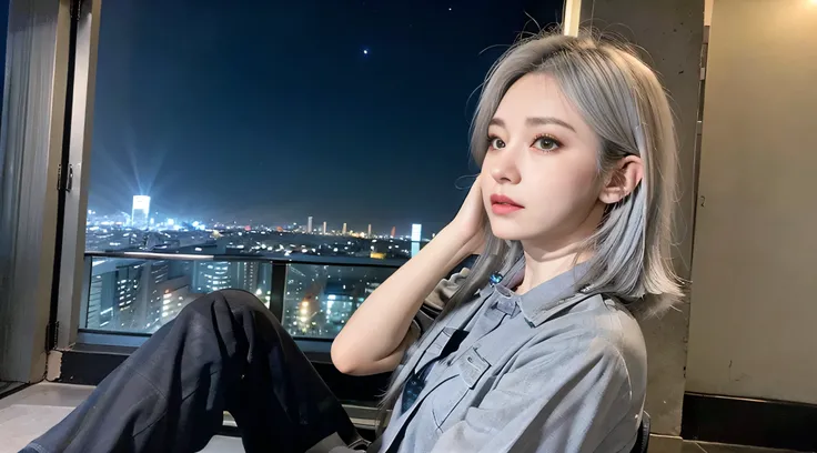 (masterpiece), best quality, cyan eyes, light grey hair, expressive eyes, Holhaya, sitting in highrise apartment room, night sky, city landscape, looking at viewer, city lights, window, highlight, dramatic lights, calm face,