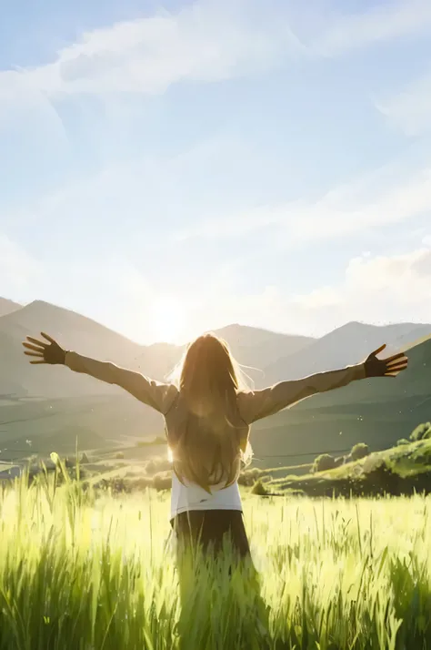 Woman standing in field with arms outstretched, ((black hair)),praise the sun, shining morning sunlight, Nico Henrichon(Niko Henrichon), Summer sunshine, morning light in nature, sunny morning light, beautiful sunny day, full morning sunlight, on a sunny d...