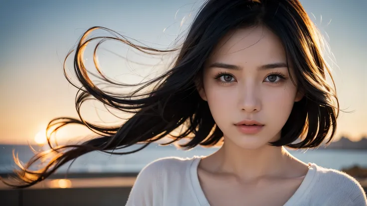 , blown by the long wind [Blue-black:.3] hair,looking at the viewer, (masterpiece:1.3), (8K, realistic, Raw photo, highest quality: 1.4), Japanese, (1 girl), beautiful face, (realistic face), (black hair, short hair:1.3), beautiful hairstyle, realistic eye...