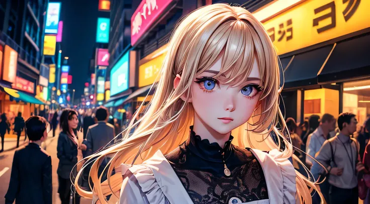 woman　Spring-like clothes　night　bustling street　Neon Light　Detailed facial expression depiction　Detailed facial depiction　Detailed hair depiction　Detailed depiction of clothing