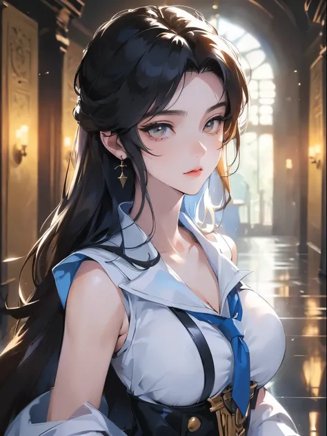 ((masterpiece, best quality)), ((anime girl in the castle hall, night, moonlight retro style)) (1girl, mature, portrait, close up), (solo, elegant beauty, cool woman), (female focus, mature girl), (black hair, long messy hair),yellow eyes, detailed eye, ((...