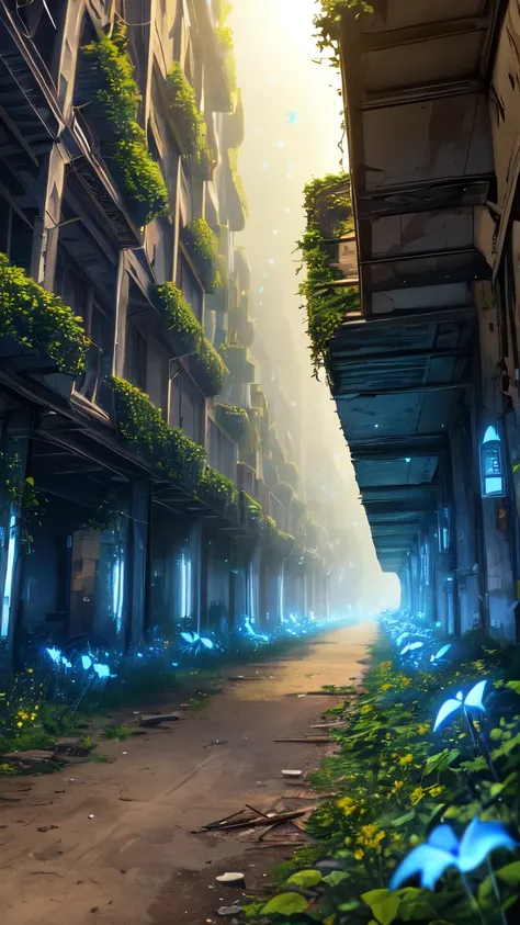 (best quality,4k,highres,ultra-detailed)A crumbling skyscraper city stands overgrown with vibrant wildflowers and climbing vines. Sunlight filters through the buildings, illuminating forgotten technology and wildlife making their home amongst the ruins.(gl...