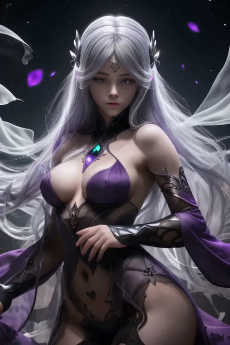 here is a full size siluette, transparent figure of the naked dark shadow ghost of a beautiful silver hair women with purple shining eyes and beautiful face dressed only in thin vail stand in the middle of the fields filled with purple poppies inviting som...