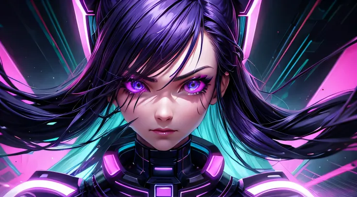 cyber punk　woman　night　Detailed facial expression depiction　Detailed facial depiction　Detailed hair depiction　Detailed depiction of clothing　Neon Light　Purple