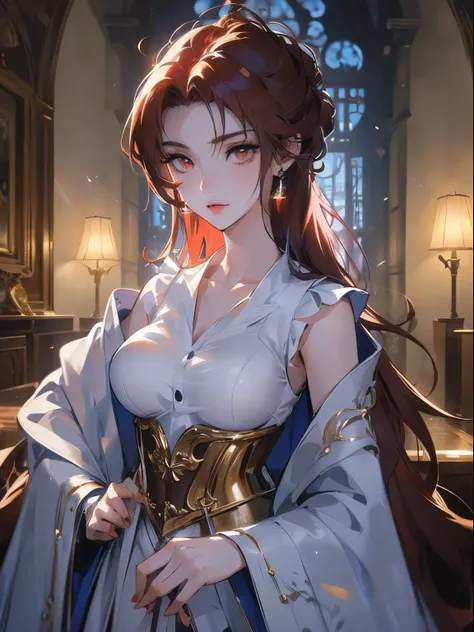 ((masterpiece, best quality)), ((anime girl in the castle hall, night, moonlight retro style)) (1girl, mature, portrait, close up), (solo, elegant beauty, cool woman), (female focus, mature girl), (dark purplish red hair, long messy hair),red eyes, detaile...