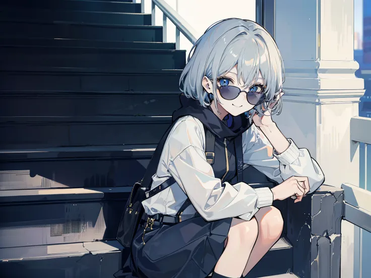 Tabletop,Very detailed,1 girl,alone,Gray Hair,blue eyes,,sunglasses,Black socks,青いsunglasses、Perch on a few flights of stairs、Rebelliously、Blue motif、Cool smile、