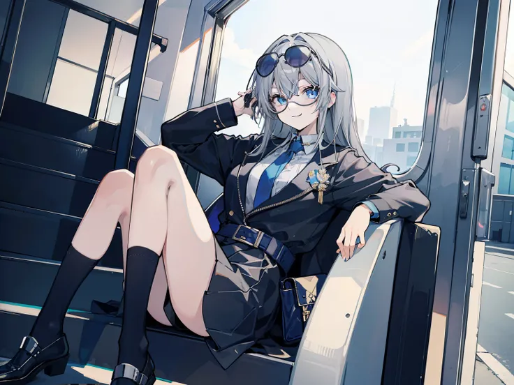 Tabletop,Very detailed,1 girl,alone,Gray Hair,blue eyes,,sunglasses,Black socks,青いsunglasses、Perch on a few flights of stairs、Rebelliously、Blue motif、Cool smile、