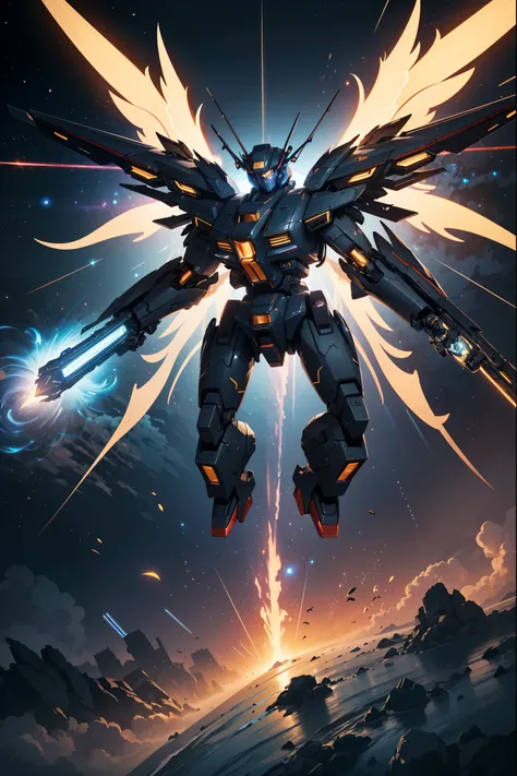  ((Best quality)), ((masterpiece)), (highly detailed:1.3), 3D, beautiful, (cyberpunk:1.2), in space, nebula, holding_weapon, (1mecha:1.3), facing the viewer, glowing eyes, full body, (flying, swooping down, dynamic, motion blur: 1.4), (huge mecha wings: 1....