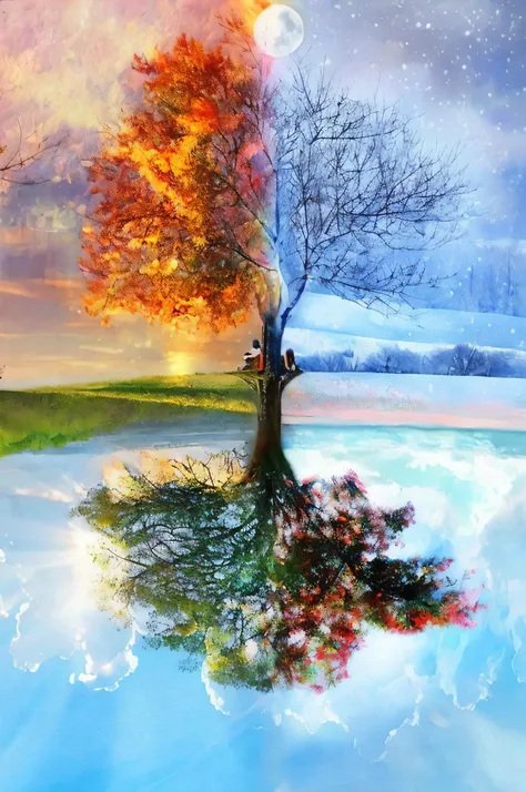 illustration of tree with sky background and moon, seasons!! : 🌸 ☀ 🍂 ❄, seasons of emotion, representing the 4 seasons, four seasons, orange fire/blue ice duality!, Autumn season, The most beautiful image ever created, Beautiful reflection, amazing art, be...