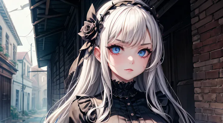 Gothic Fashion　uniform　Big Breasts　woman　night　Cute Face　Detailed facial expression depiction　Detailed facial depiction　Detailed hair depiction　Detailed depiction of clothing　ruins　Alley