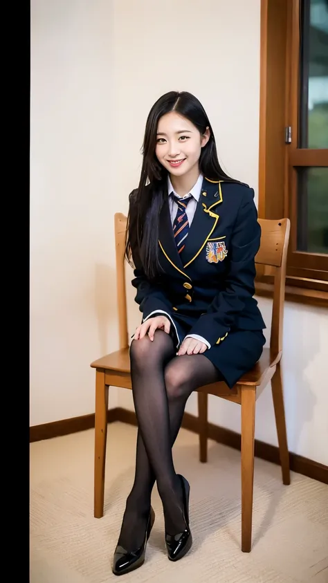 ulzzang-6500-v1.1, (Raw photo:1.2), (Photorealistic), (Mastepiece), (Genuine:1.4), A model wearing a Japanese uniform is sitting on a chair with her legs crossed, sakimichan, [ Realistic photos ]!!, seifuku, Yoshitomo Nara, Beasts, [32k High Definition]^10...