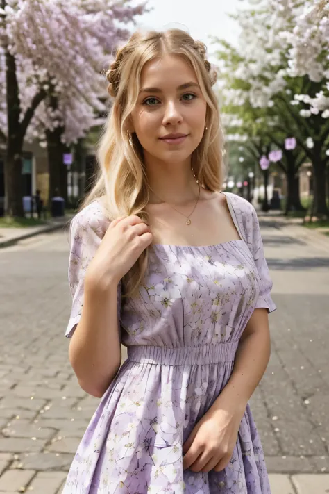 blonde woman making eye contact with hair, gathered in a bun, beautiful spring and modest dress, spring to the streets, lilacs are blooming