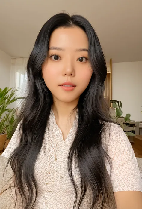 photorealistic, sjang, photo of 1girl on a video call, looking at viewer, long black hair, black eyes, nose, indoors, realistic face, realistic facial features