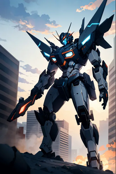sky, cloud, holding_weapon, no_humans, glowing, , robot, building, glowing_eyes, mecha, science_fiction, city, realistic,mecha