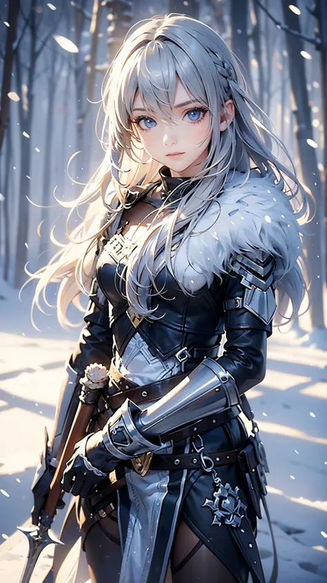 (best quality,4k,highres),(realistic,physically-based rendering),a girl,armor:simple,winter,fur,holding a sword,serious expressi...