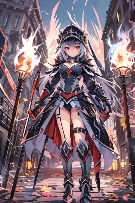 1girl, hight-quality, black armor, sword, fire, red eyes