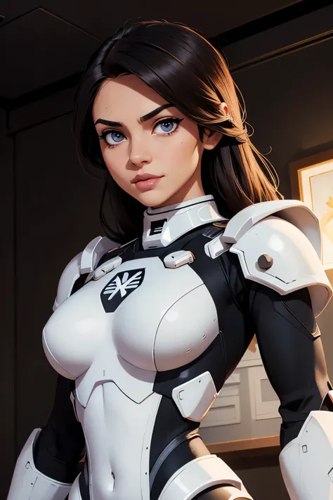 (upper body), (realistic, [anime]), (3d:0.3), dramatic lighting, ((masterpiece)),(quality),(highres), tall Lady Voidstar, [[covered abs]], ((x-ray power armor|lined bodysuit|white power armor) mechanical arms), long black hair undercut, [evil smile], small...