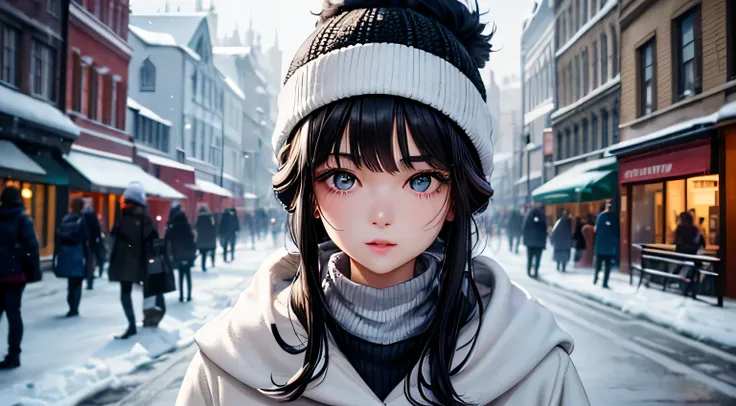 White mod coat　woman　Black Hair　Knitted hat　midnight　Cute Face　Detailed facial expression depiction　Detailed facial depiction　Detailed hair depiction　Detailed depiction of clothing　It&#39;s snowing　bustling street