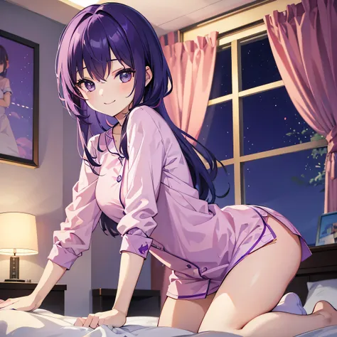 (T Masterpiece，4k wallpaper，Best Quality))、((girl１people))、(solo)、Bright and Brilliant，(Purple Hair)、(Shortcuts:1.3)、smile、Bedroom、pajamas、night